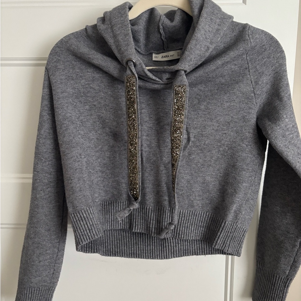 Zara Heather Gray Cowl Neck Sweater with Metallic Details